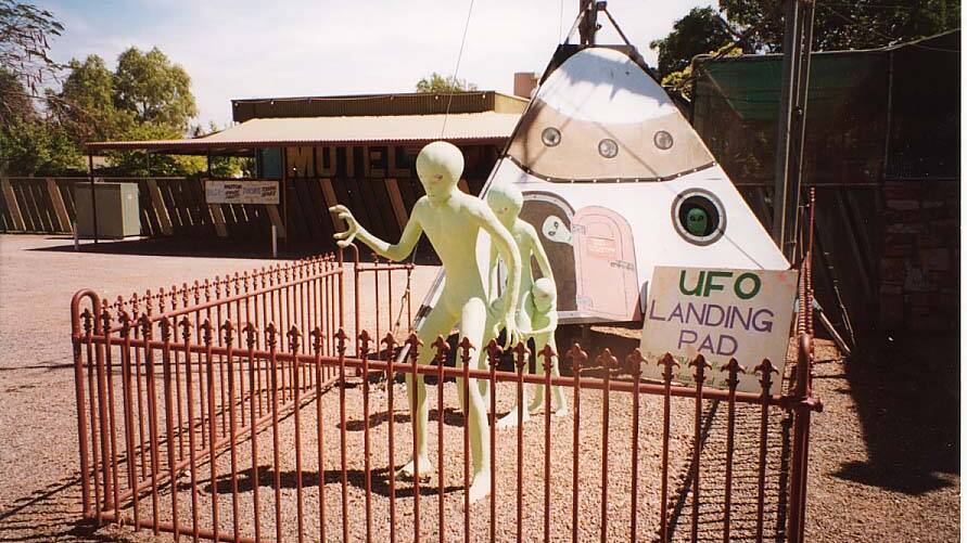 Proof you don't have to travel to the United States for kitsch UFO paraphernalia - a UFO 'landing pad' at Wycliffe Well in central Australia. Picture: Tim the Yowie Man