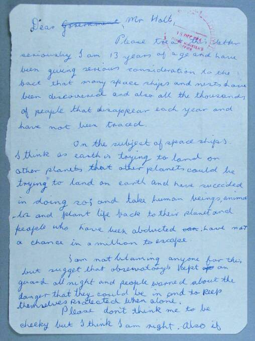 Part of Coralie Nash's letter to then prime minister Harold Holt. Picture: NAA: M2606, 100