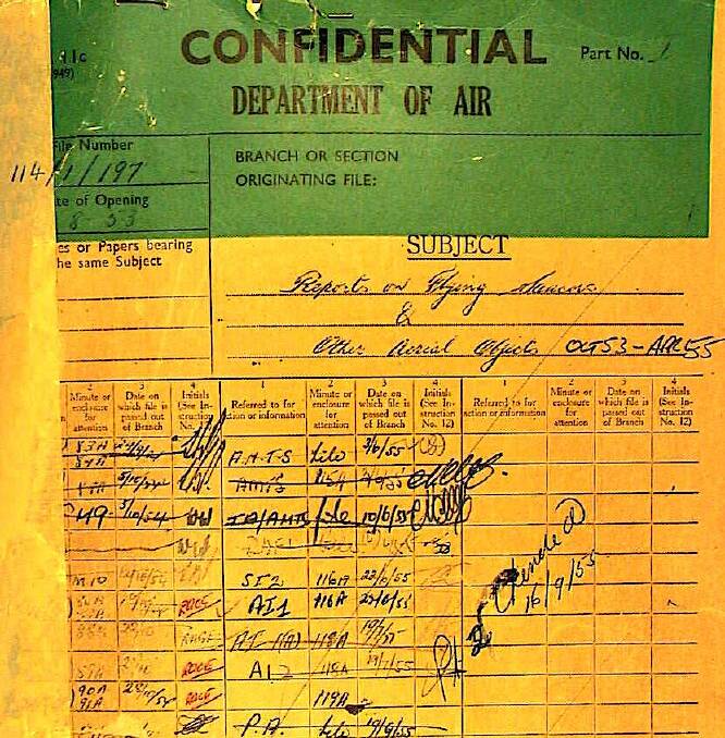 One of the dozens of historic 'UFO Files' held by the Australian Government. Picture: NAA