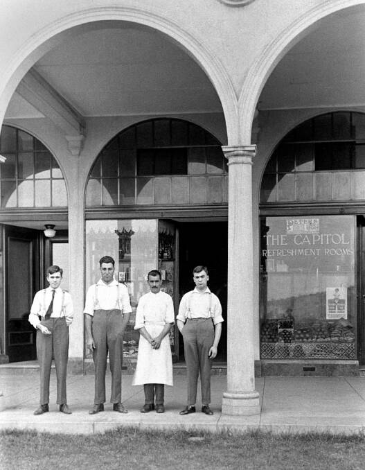 Capitol Refreshment Rooms, East Row, Canberra, ACT, 1929. Left to right: Jack Notaras, Jack Cassidy (Kassimatis), Emanuel Notaras and Theo Notaras Picture via Facebook, from the "In Their Own Image: Greek-Australians", Macquarie University, Sydney.