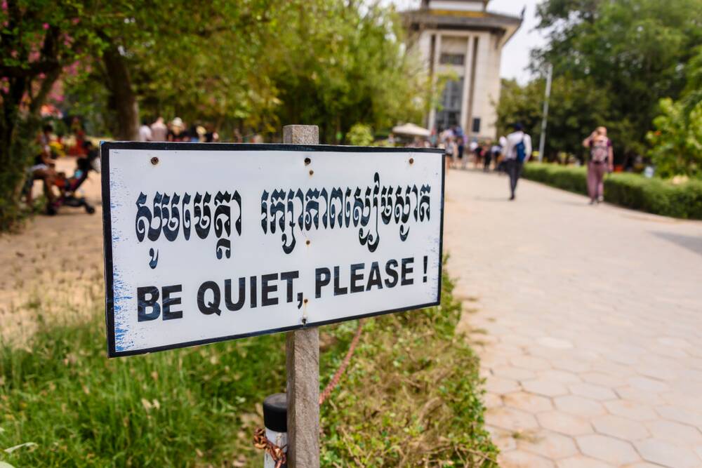 A sign at Cambodia's Killing Fields asking tourists to be respectful. Picture Shutterstock