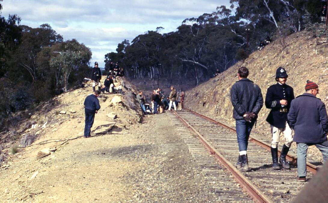 Filming in the railway cutting near Captains Flat moments before Mick Jagger was injured. Picture Keith Pardy Collection