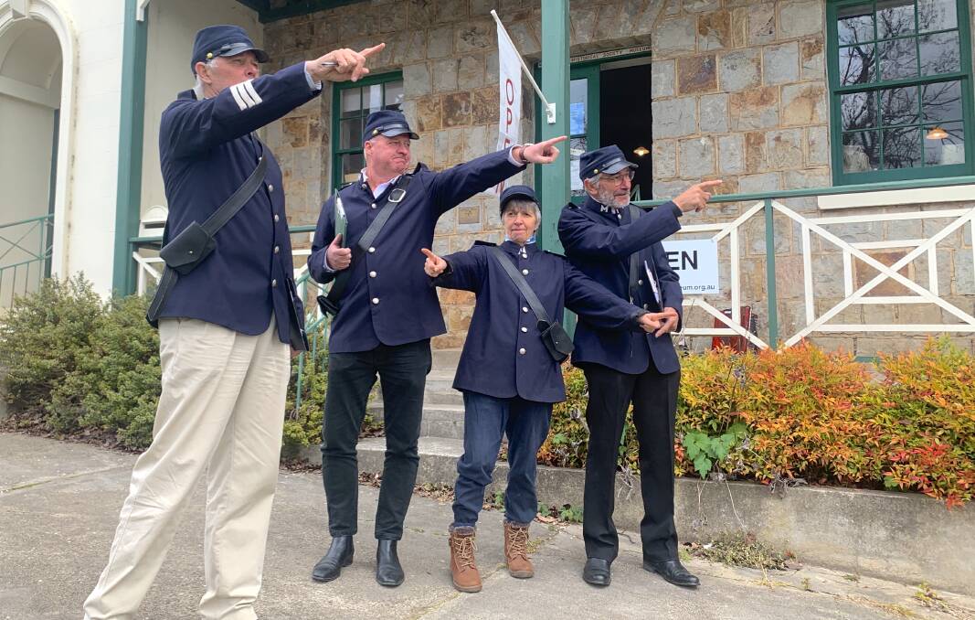 John Stahel and his "constables" Nick Fry, Pauline Webber and Rob Martin greeted participants in the classic car convoy as they arrived in town. Picture by Tim the Yowie Man