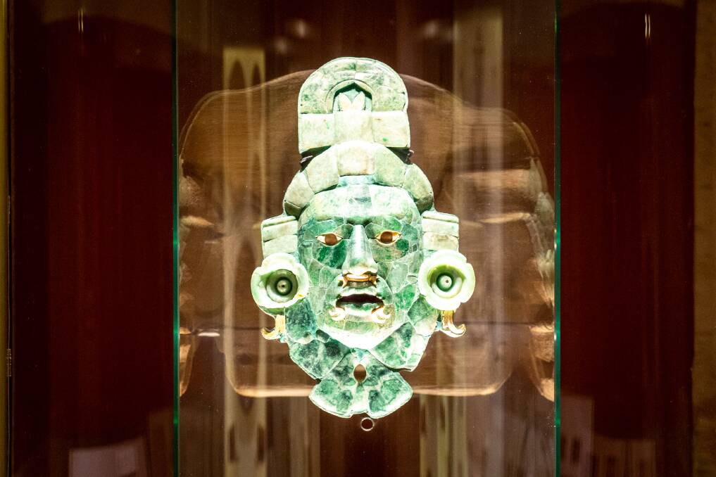 A jade mask, now on display in Campeche, that was found in a tomb at the Mayan city of Calakmul.