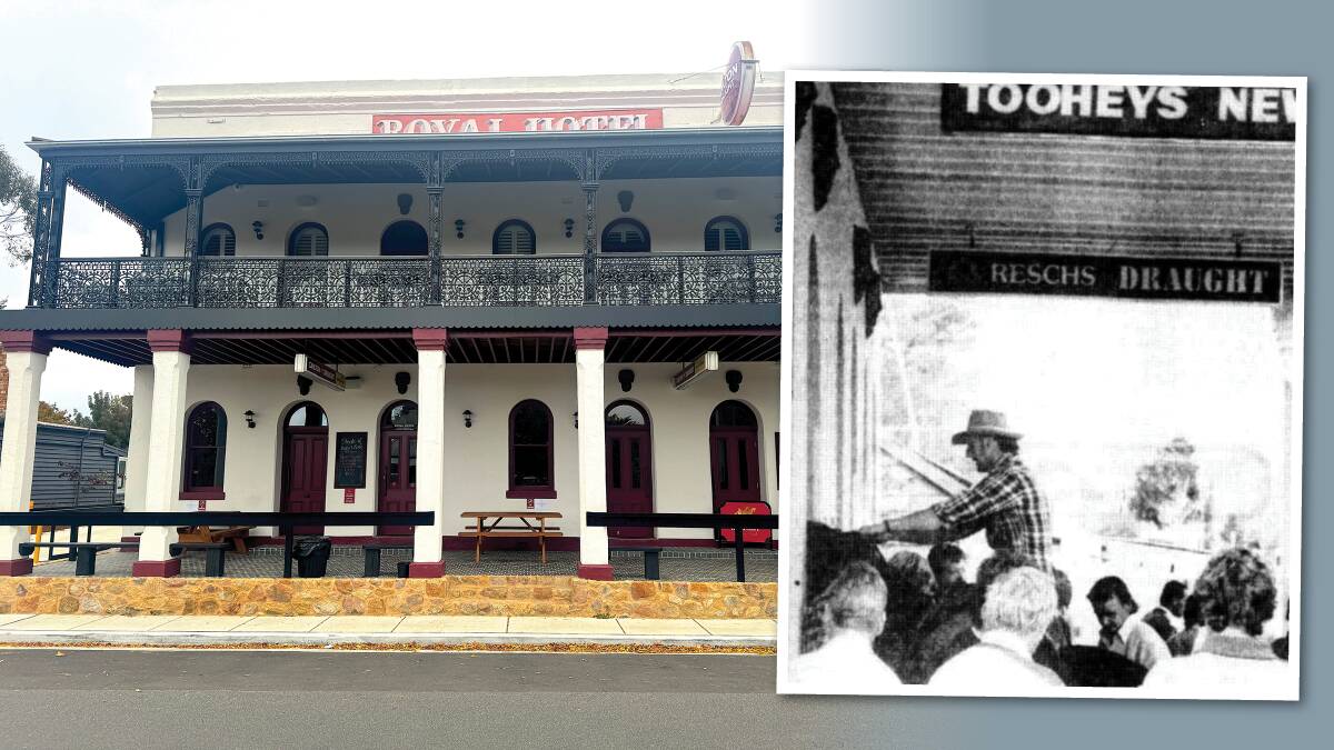 Darryl Southwell (inset) rides his mare into Bungendore's Royal Hotel Bungendore in 1982. File picture by The Canberra Times