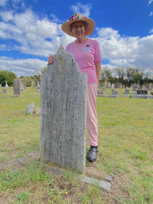 Margaret Royds, OAM, at the wooden 'stele' in Braidwood cemetery. Picture by Tim the Yowie Man