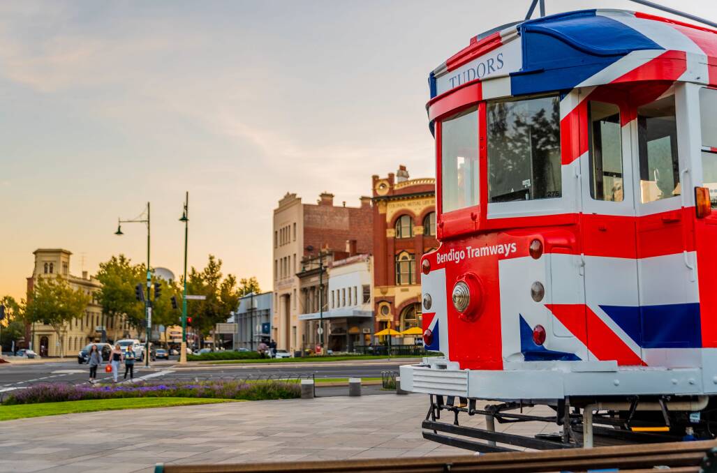 This so-called Royal Tram commemorates the Queens 1954 visit to Bendigo, when a special tram was decked out in red, white and blue lights. Picture: Bendigo Tourism