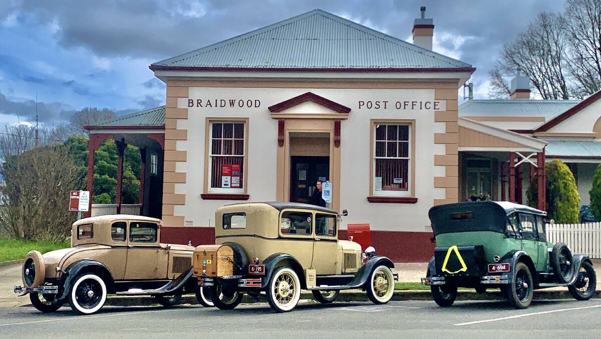 Three of the 150 Model A Fords outside Braidwood post office. Picture by Tim the Yowie Man