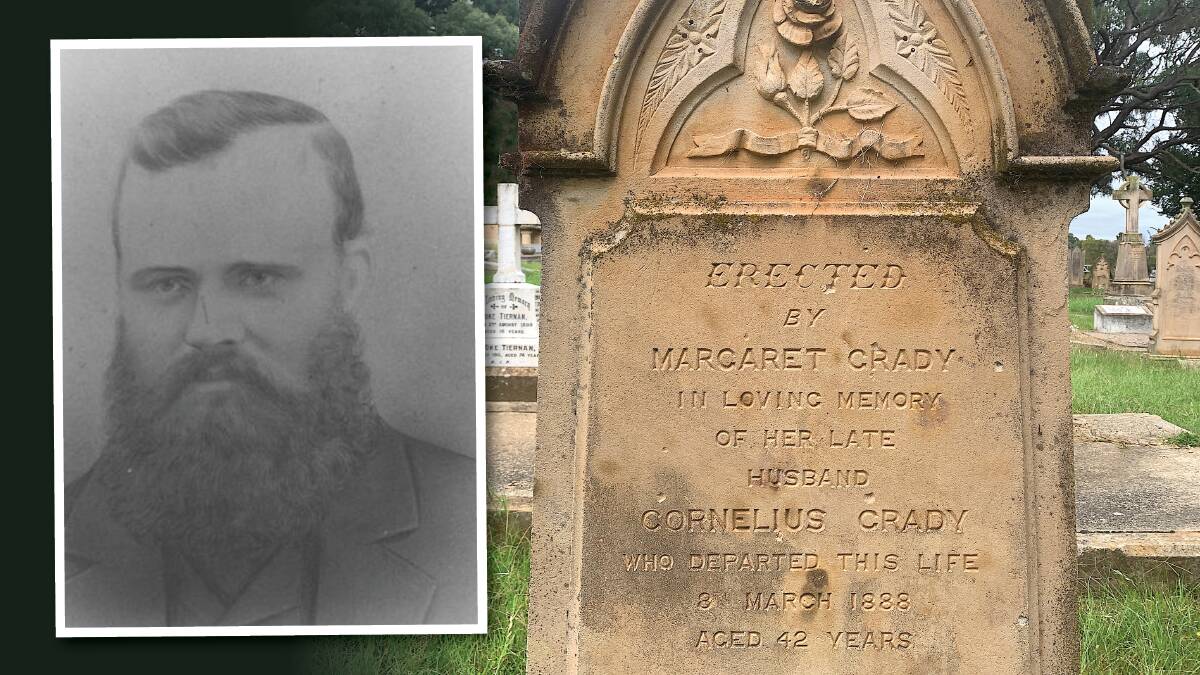 The grave of Cornelius Grady (inset) at the Queanbeyan Riverside Cemetery. Pictures: Tim the Yowie Man, Supplied