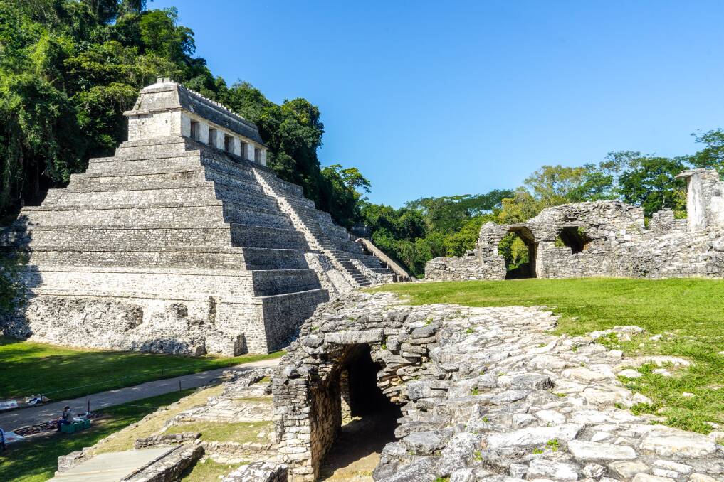 The archaeological site of Palenque, which is still surrounded by jungle.