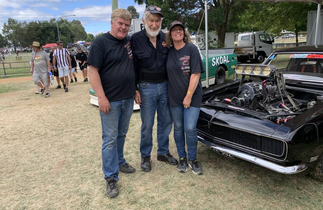 Burnout masters Peter, Allan and Debbie Gray with their supercharged methanol-burning Chev Camaro. Picture by Peter Brewer