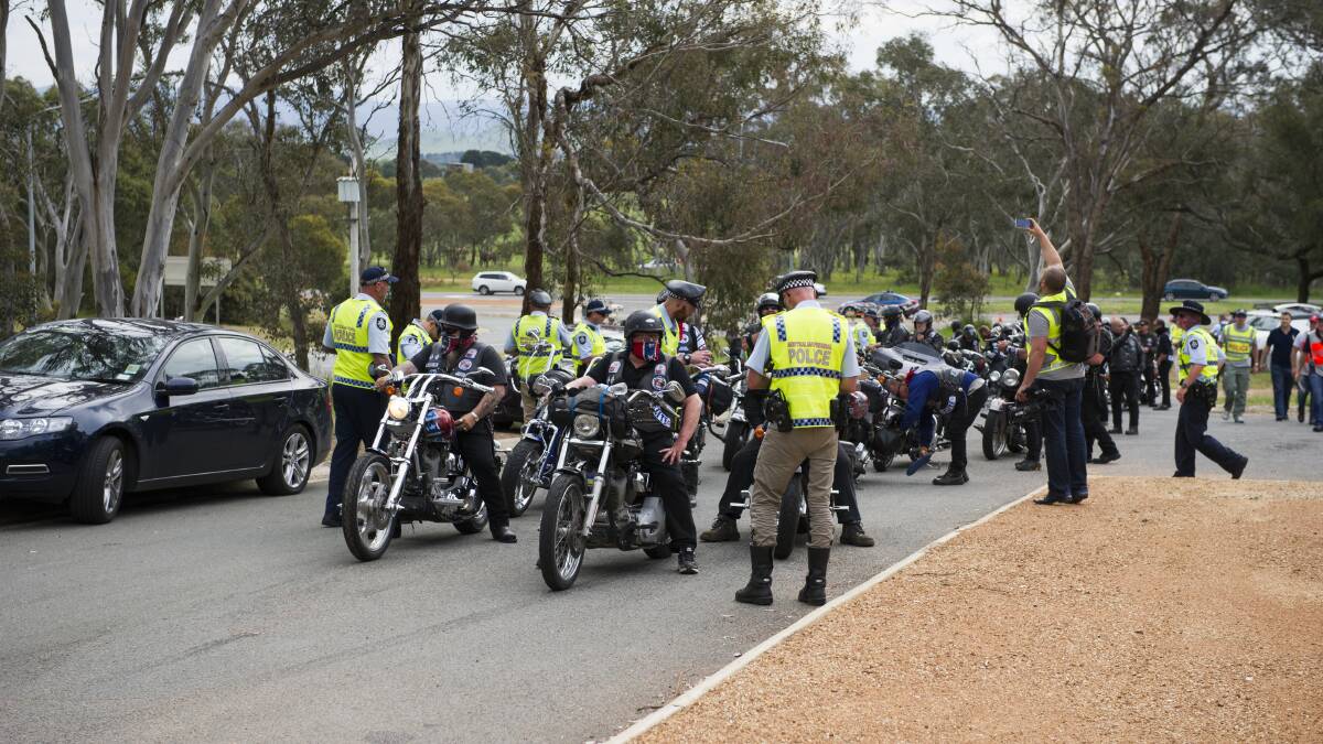 Police pull over Rebels members en route to Canberra at the border in 2021. Picture by Jay Cronan