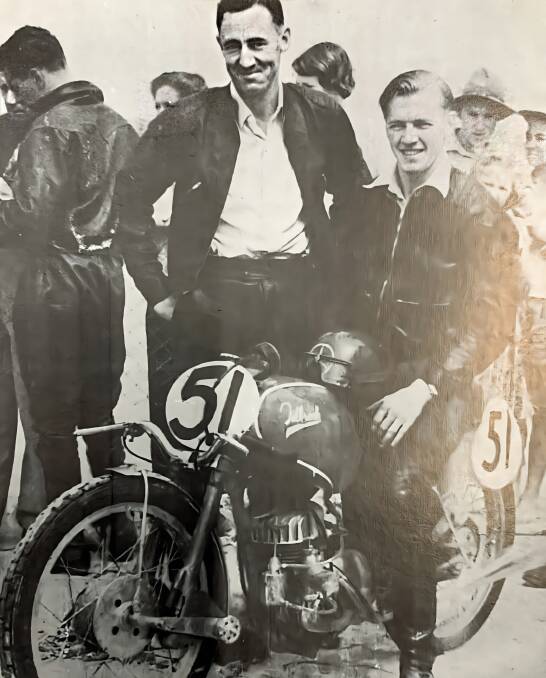 Rex Tilbrook, left, with his factory race rider Alan Wallis. Picture supplied 