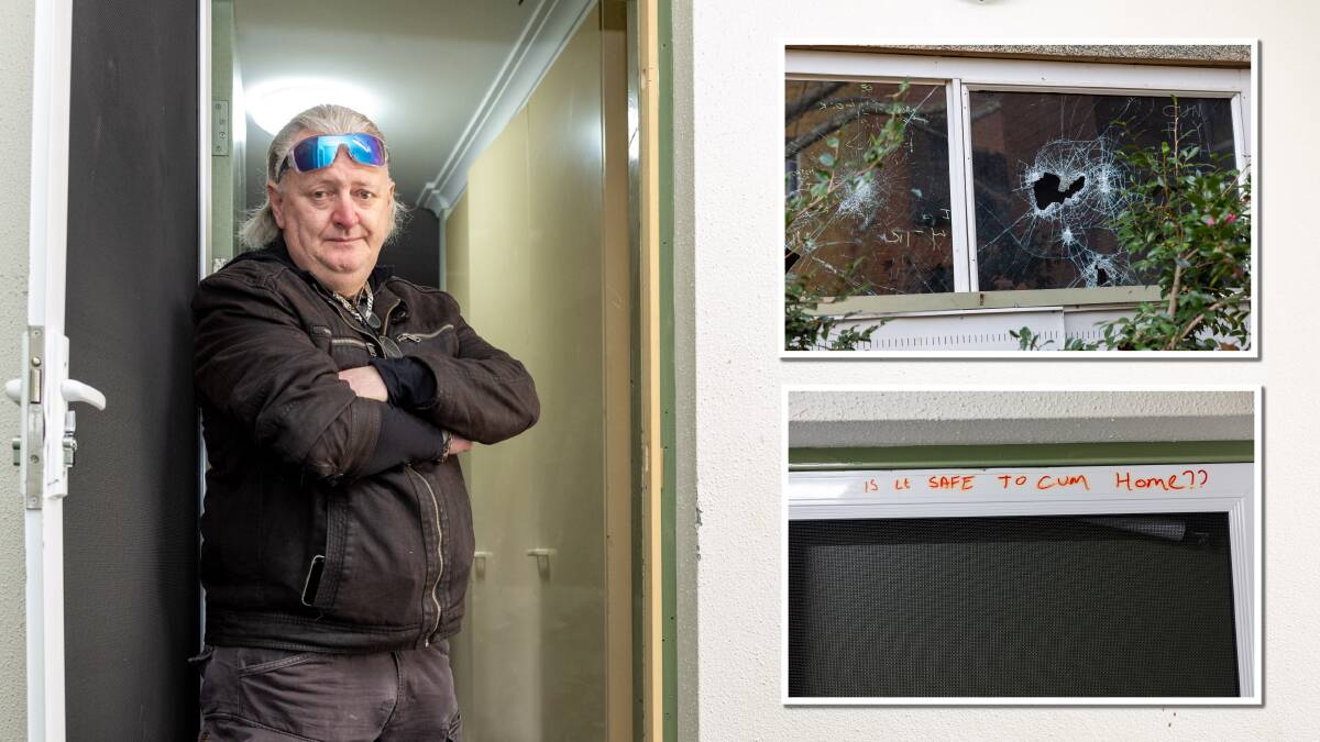 David Bryce at his front door of his social housing unit and, inset, some of the vandalism at Condamine Court. Pictures by Gary Ramage 