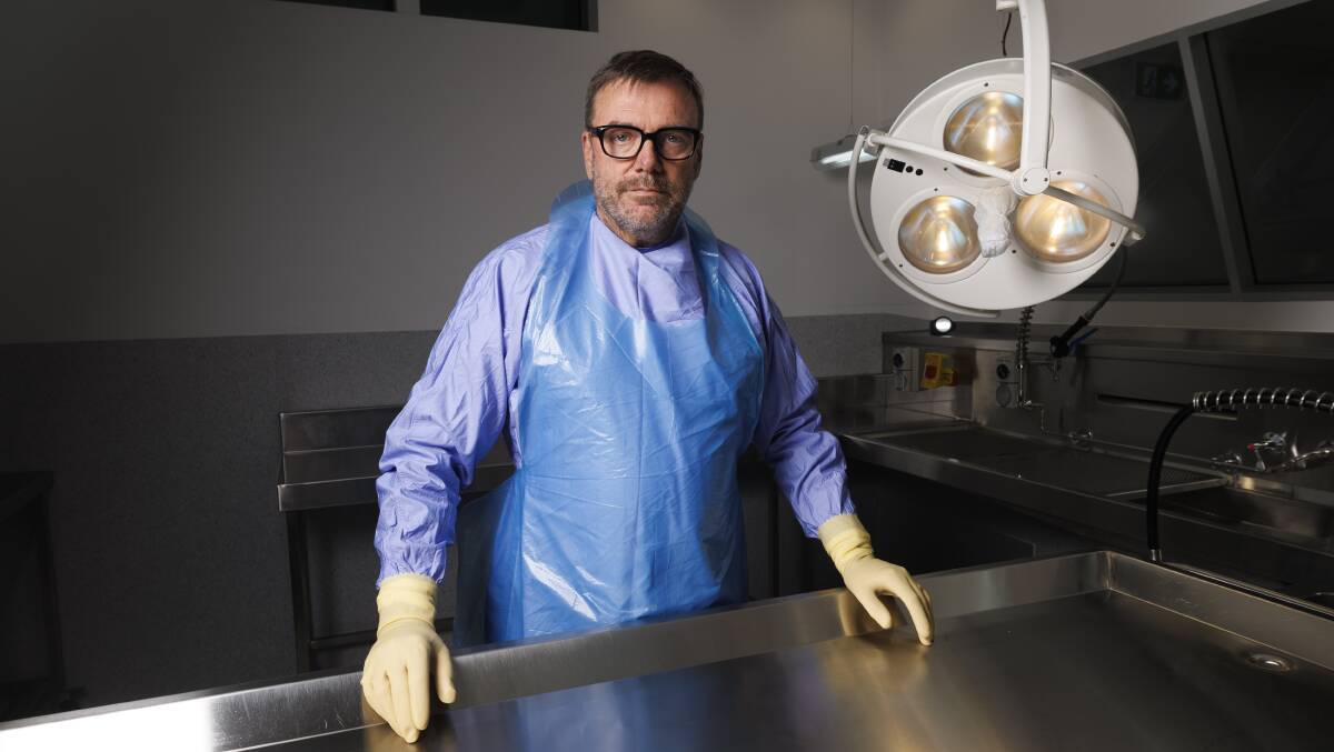 Professor Johan DuFlou in his theatre at the ACT Forensic Medicine Centre. Picture by Keegan Carroll