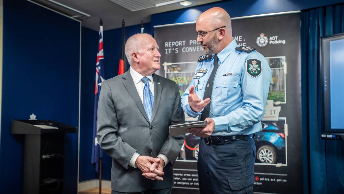 Police Minister Mick Gentleman and Deputy Chief Police Officer Doug Boudry at the announcement of the new online reporting portal. Picture by Karleen Minney 