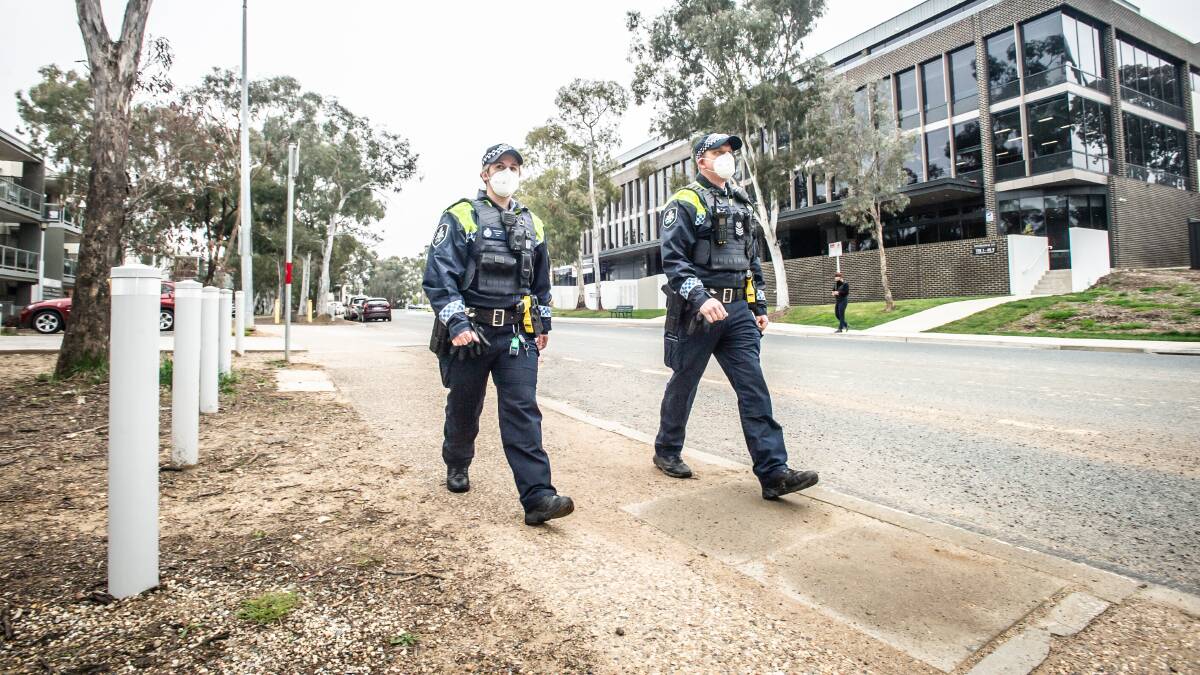 ACT Policing officers on COVID compliance patrol. Picture: Karleen Minney