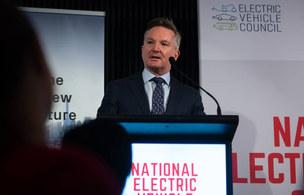 Tesla-driving climate change minister Chris Bowen making the keynote address at Canberra's national EV Summit. Picture by Elesa Kurtz 