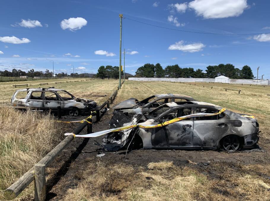 Some of the cars burnt out by the fire which ignited in the Exhibition Park carpark during Spilt Milk. Picture By Peter Brewer