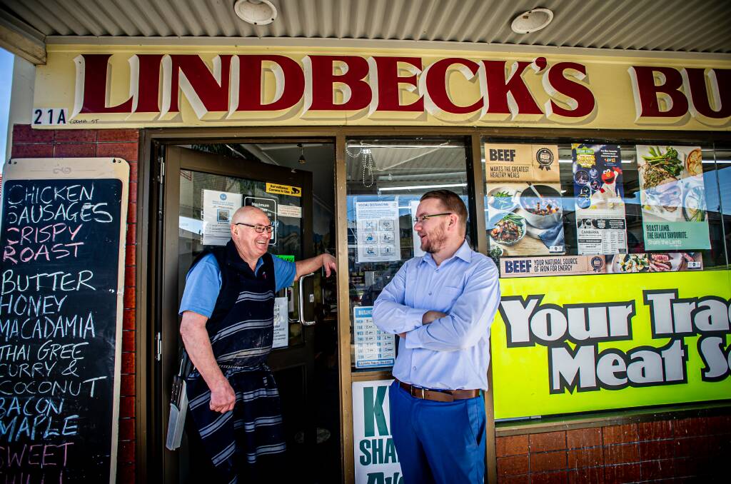 One of Queanbeyan's best-known businessmen, "Butch" Lindbeck, with Mayor Kenrick Winchester. Picture by Karleen Minney 