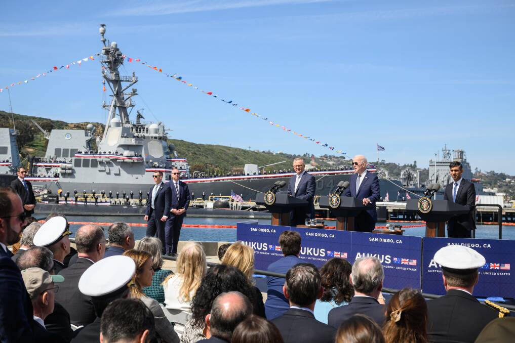 Australian Prime Minister Anthony Albanese, US President Joe Biden and UK Prime Minister Rishi Sunak announce the AUKUS subs deal in San Diego. Picture Getty Images