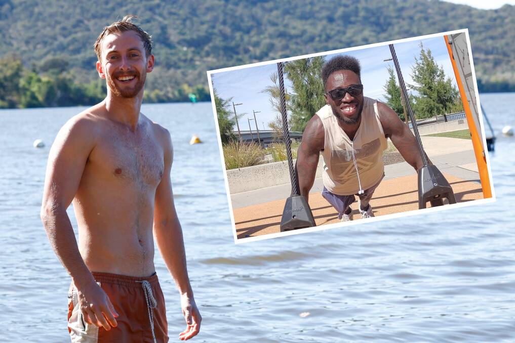 James Grant escaped the heat by a cooling swim at Lake Burley Griffin while, inset, Abdou Darboe works out. Pictures by Keegan Carroll, Steve Evans 
