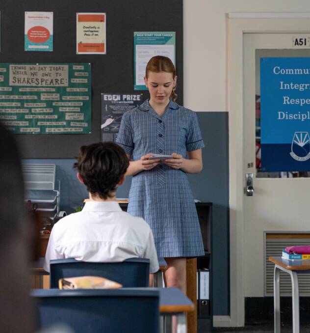 Hannah Bradford (Evie Macdonald) delivers her class captain policy speech to her classmates in First Day, season two.