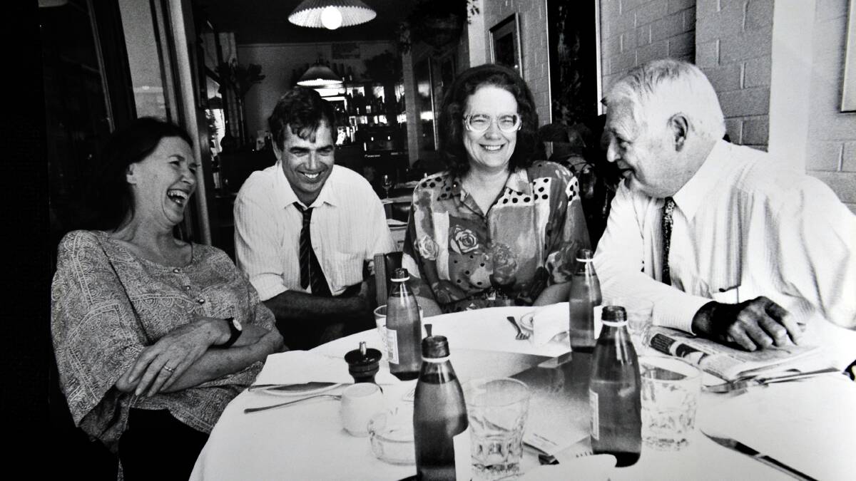 Peter Cole-Adams, right, with Morag Fraser (left) and former colleagues Jack Waterford and Michelle Grattan. Picture: Canberra Times archives