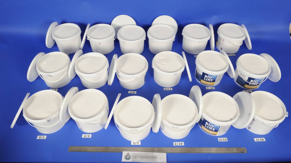 The drugs entered Australia hidden in buckets of pool chlorine. Picture: Supplied