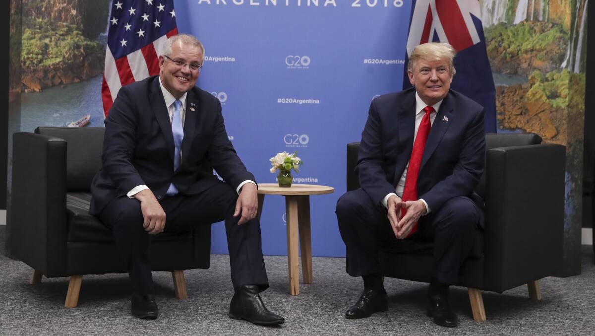 Prime Minister Scott Morrison with US President Donald Trump during the G20 summit in Buenos Aires in November. Picture: AAP