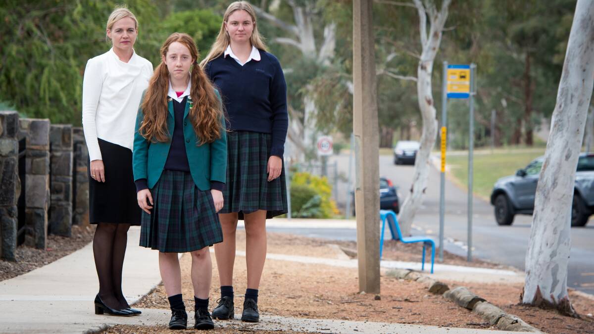 Canberra Girls Grammar principal Anna Owen with 16-year-old students, Annaliese Grove and Amelia Reid. Mrs Owen . Picture: Elesa Kurtz