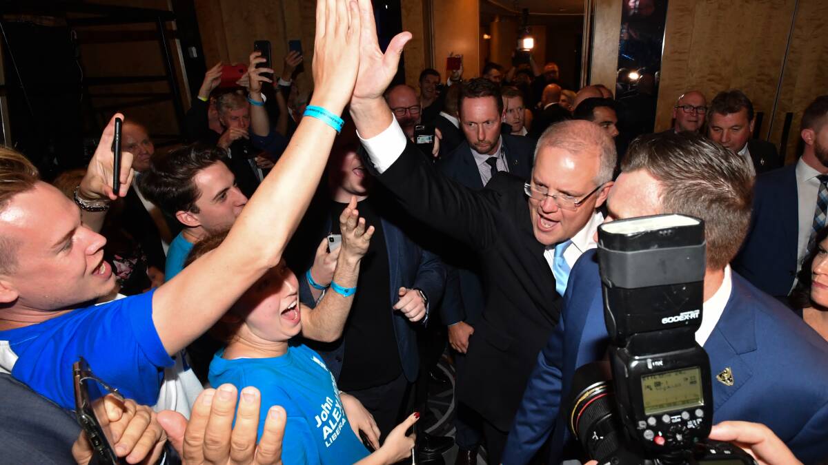Prime Minister Scott Morrison on election night at the Wentworth Sofitel Hotel, Sydney. He has been re-elected at a time when the economy is facing issues. Picture: AAP