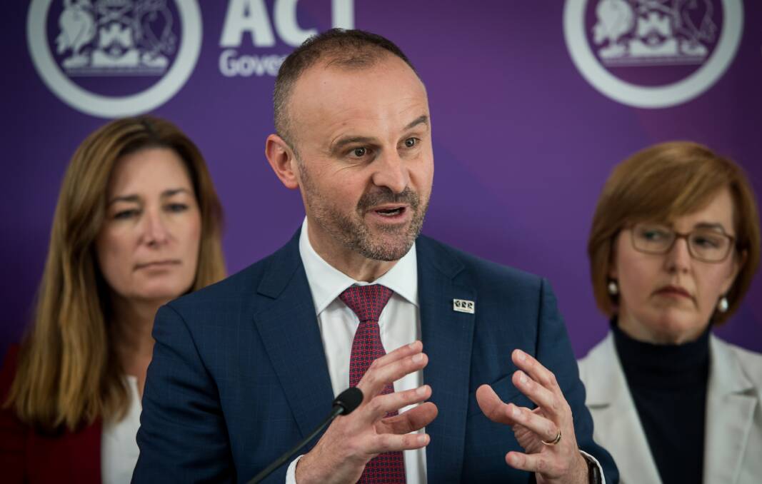ACT Chief Minister Andrew Barr with senior cabinet ministers during the release of the ACT 2019-20 budget. Picture: Karleen Minney