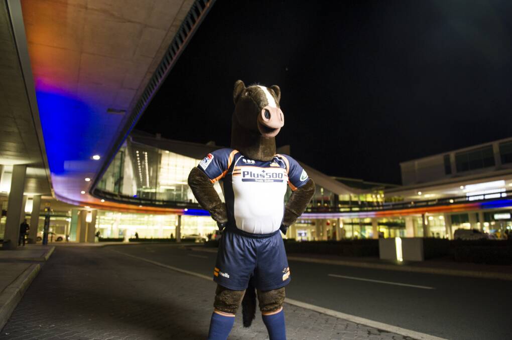 The Brumbies colours light up the Canberra Airport. Picture: Dion Georgopoulos