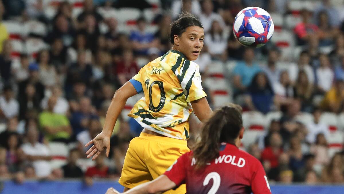 Australia's Sam Kerr heads the ball against Norway. Picture: AP