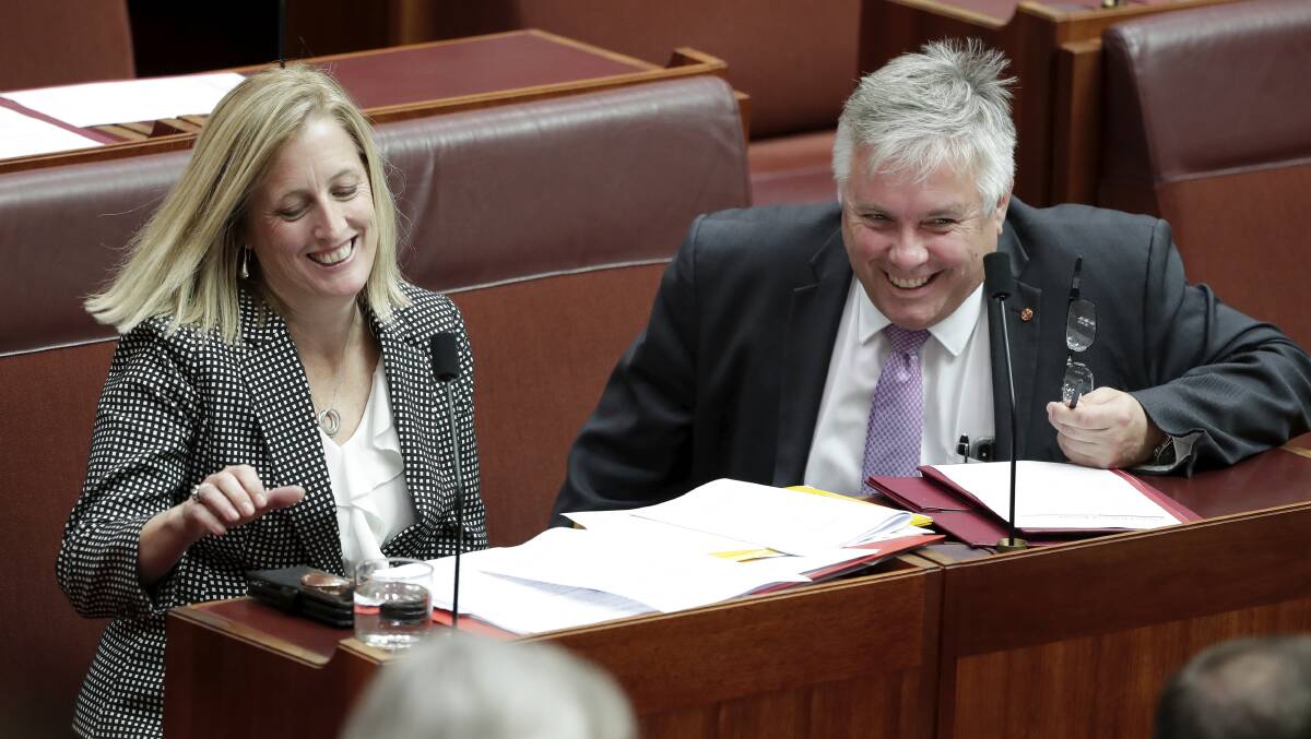 Senator Katy Gallagher and Rex Patrick in the Senate in happier times in July. On Thursday, Senator Patrick told her she desperately needed better negotiating skills. Picture: Alex Ellinghausen