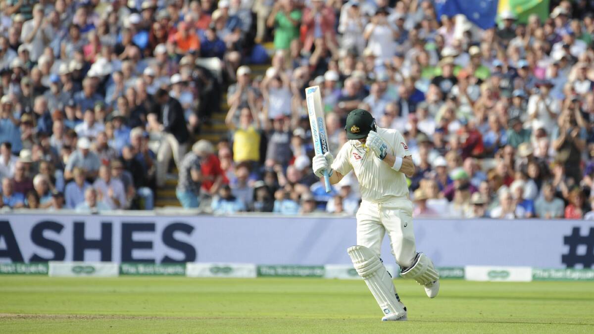 Steven Smith runs his way to a century during day one of the first Ashes Test cricket match between England and Australia. Picture: AP