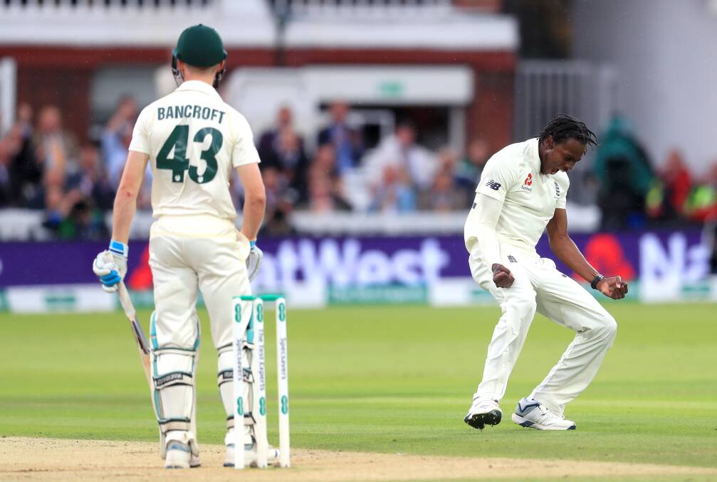 Jofra Archer celebrates his first Test wicket after dismissing Cameron Bancroft. Picture: Mike Egerton/PA Wire