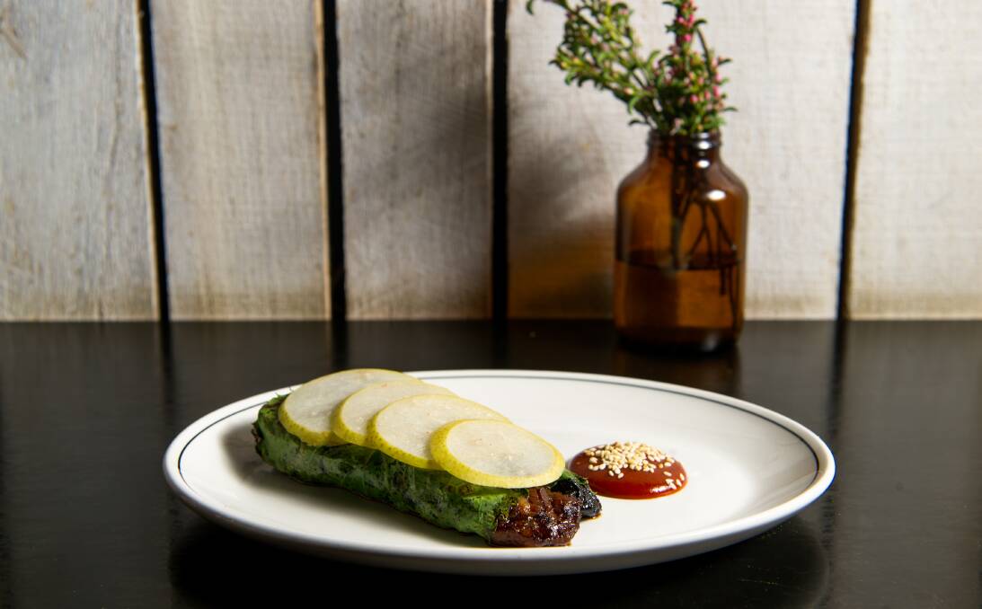 Wood-grilled Wagyu intercostal with sesame leaf, hot bean paste and nashi pear. Picture: Elesa Kurtz