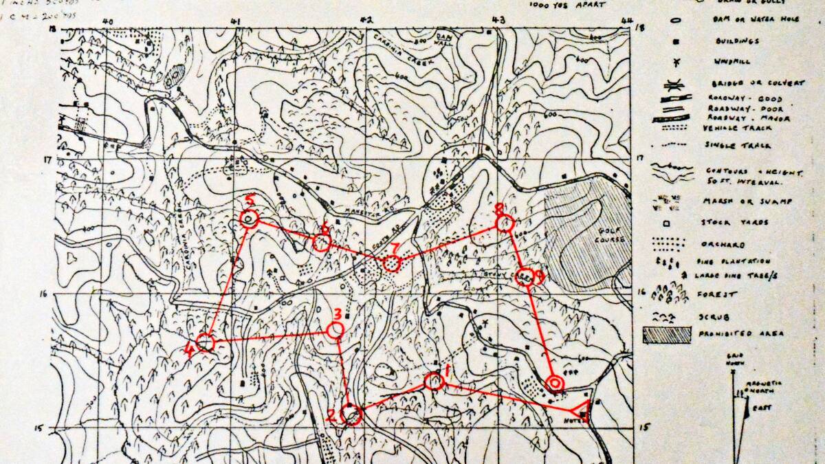 Map and course used by competitors at Upper Beaconsfield for an orienteering event on 23 August 1969.