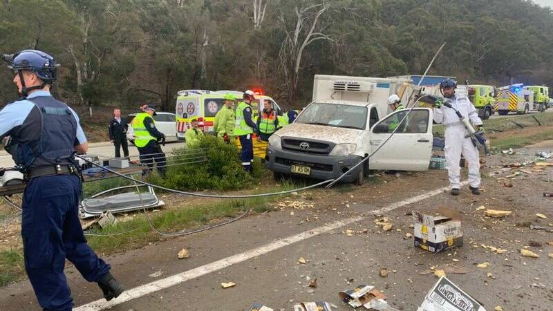 Multiple emergency crews attended the scene, helping to roll the truck back over. Picture: Supplied