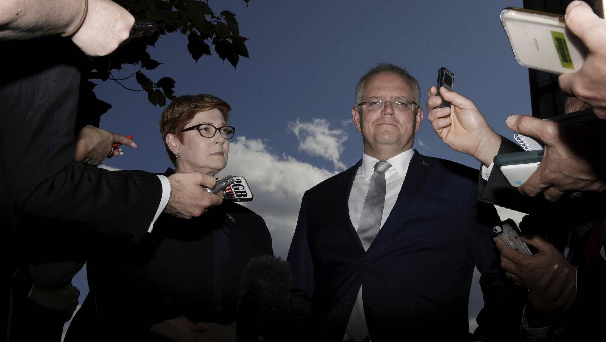 Minister for Foreign Affairs Marise Payne and Prime Minister Scott Morrison at a doorstop interview. Picture: Alex Ellinghausen