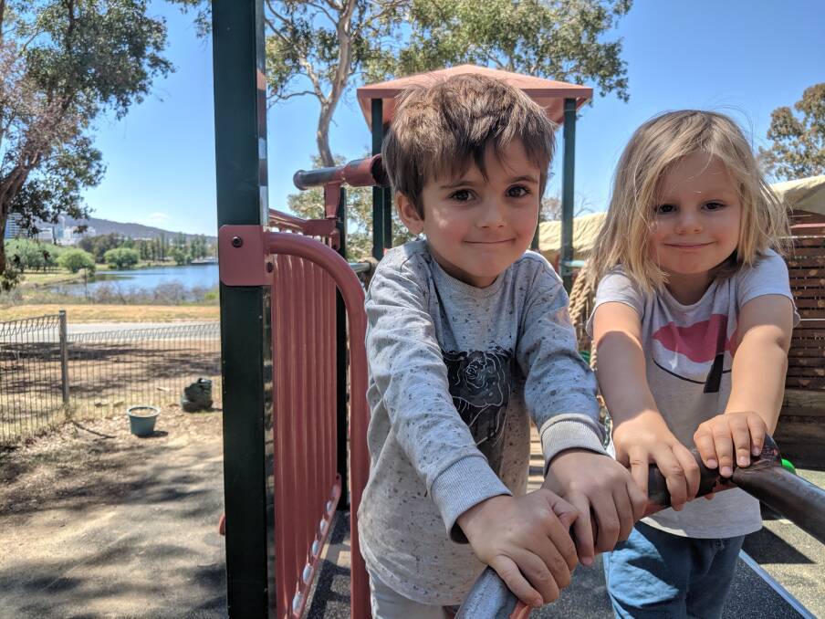 Centre with a view: Archie Cook, 5, and Hugo Botham, 4, enjoy the University Preschool and Childcare Centre. Picture: Megan Doherty