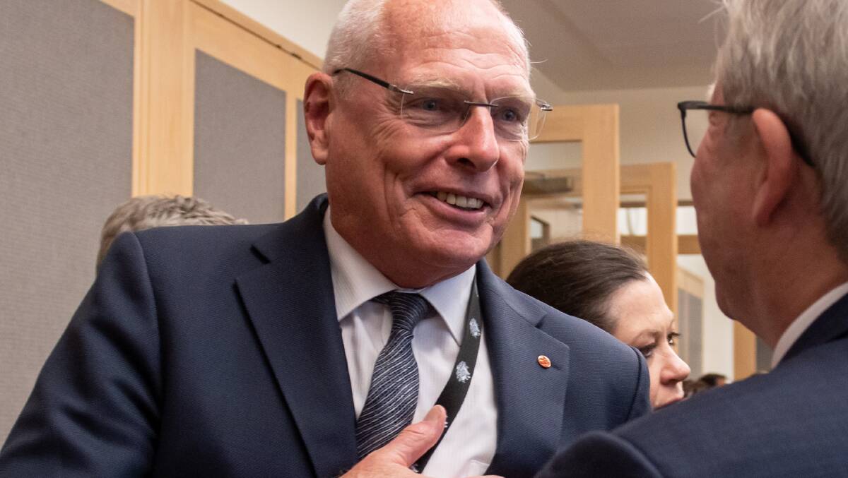 Jim Molan, back in the Senate in November, where he greeted former prime minister Kevin Rudd, who was in parliament to speak in China. Picture: Elesa Kurtz