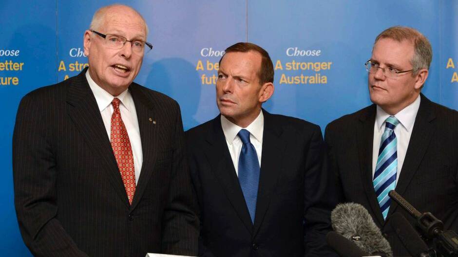 Jim Molan, retired major-general, launching Operation Sovereign Borders with Tony Abbott and Scott Morrison. Picture: Supplied