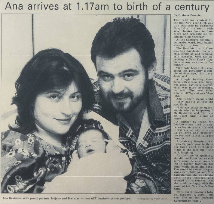 Ana Davidovic arrives to birth of a century on the front page of the Sunday Canberra Times on January 2, 2000. Picture: The Canberra Times