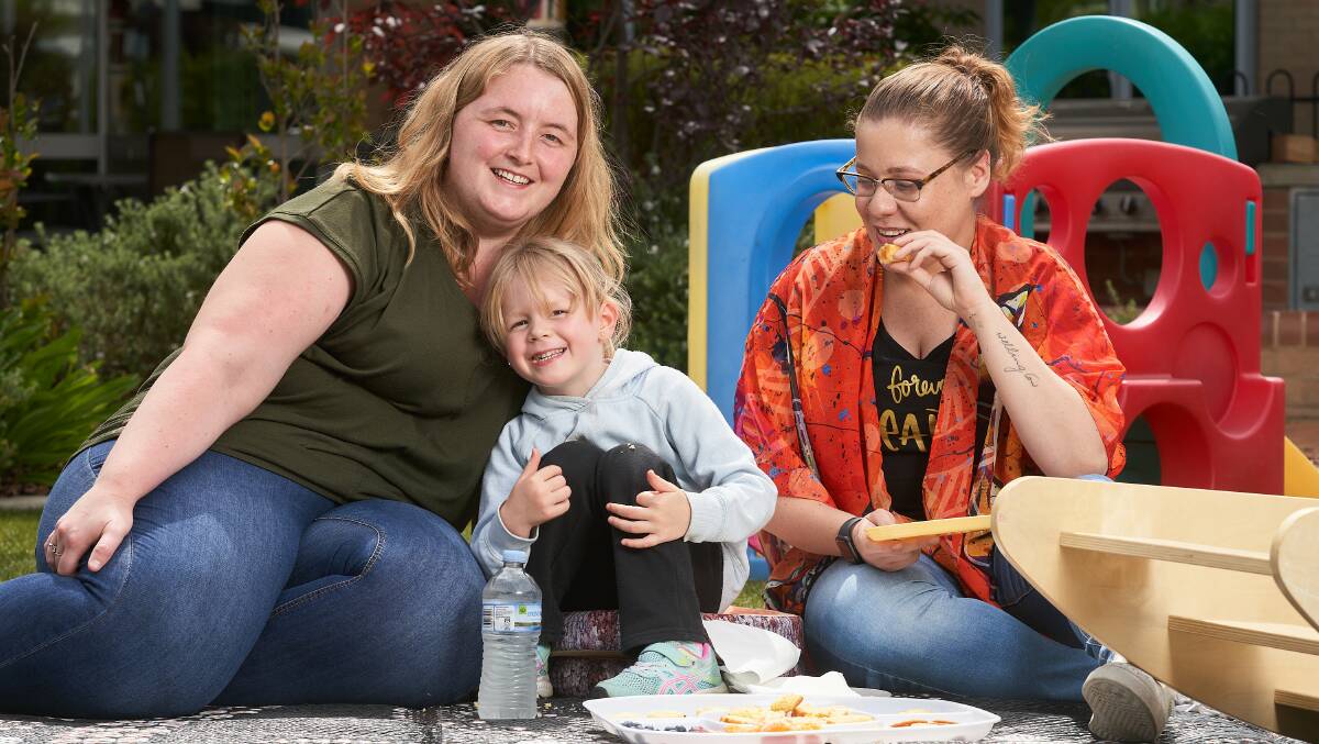 Sharna Dempsey (left) with her daughter Alice Cram, 4, and Gungahlin Child and Family Centre Aboriginal and Torres Strait Islander service co-ordinator Megan Daley. Picture: Matt Loxton