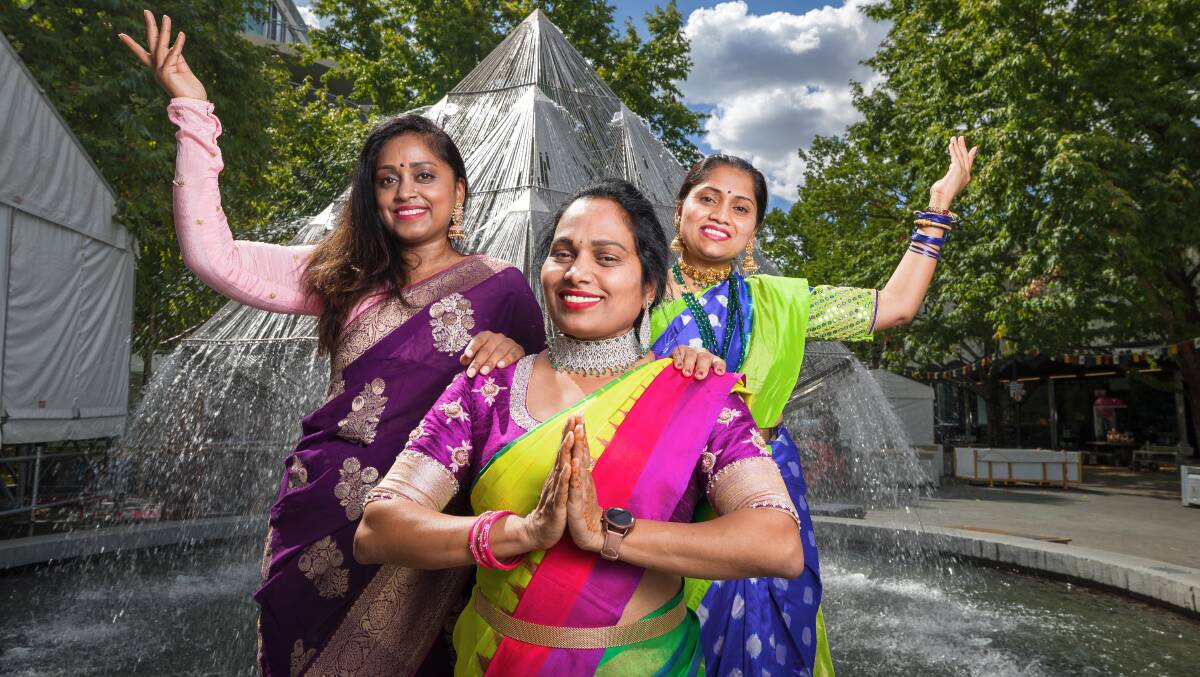 ACT Telangana Association dance group members Sunitha Robinson, Rajita Konda and Harika Sola ahead of the multicultural festival. Picture by Sitthixay Ditthavong