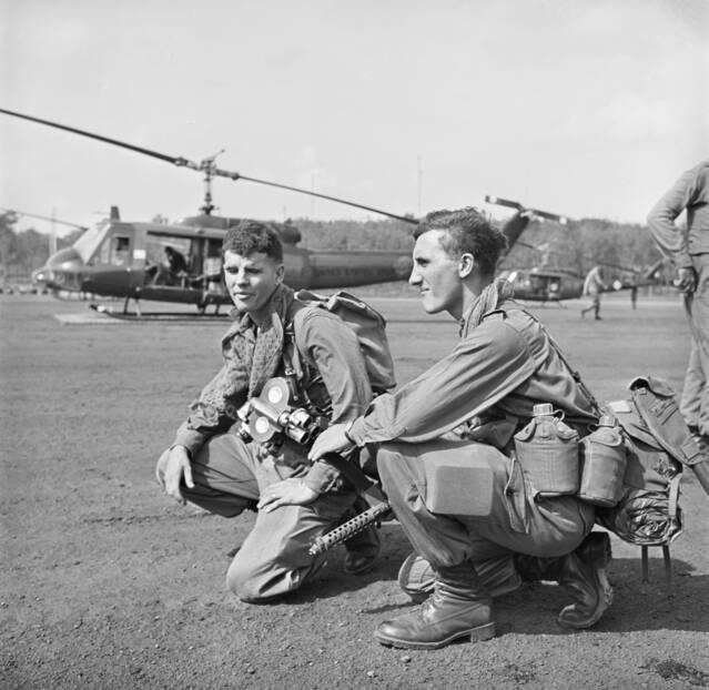 Lt David Brown with army photographer Sgt Bill Errington, about to be airlifted into operations in Phuoc Tuy Province, South Vietnam, in 1968.