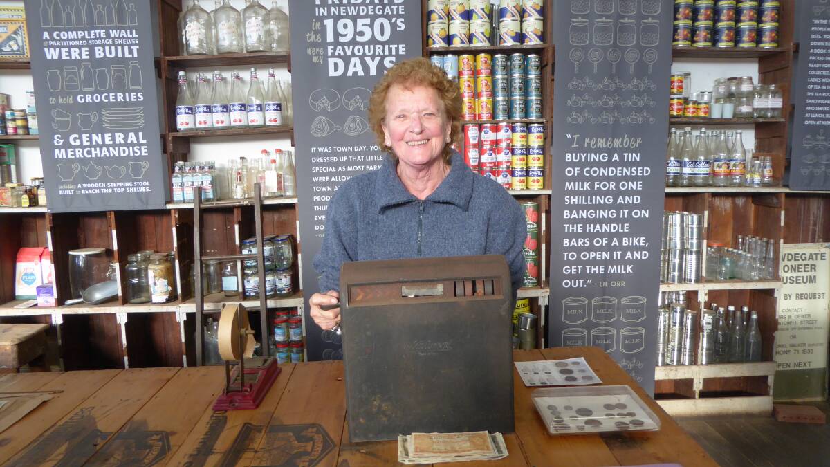 Jan Orr behind the counter of the 1950s-style general store in Newdegate, now the Hainsworth Museum, full of stories, memories and curios. Pictures: Supplied